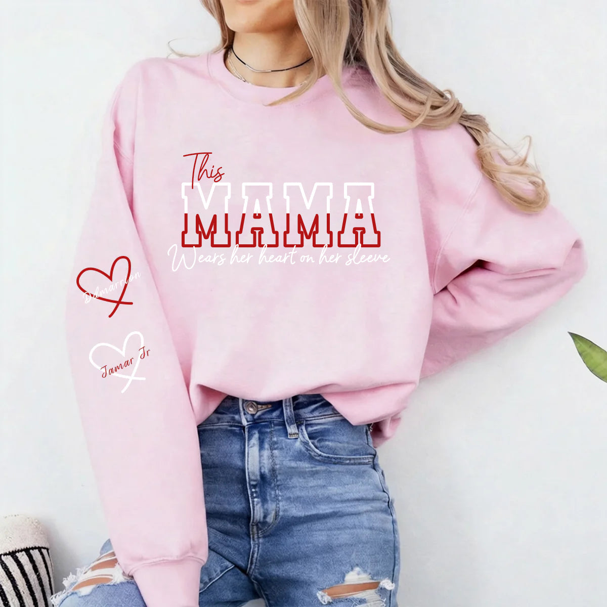 Wear Your Heart on Your Sleeve – Personalized Split Mama Sweatshirt with Kids’ Names | for Mom Mother's Day Gift