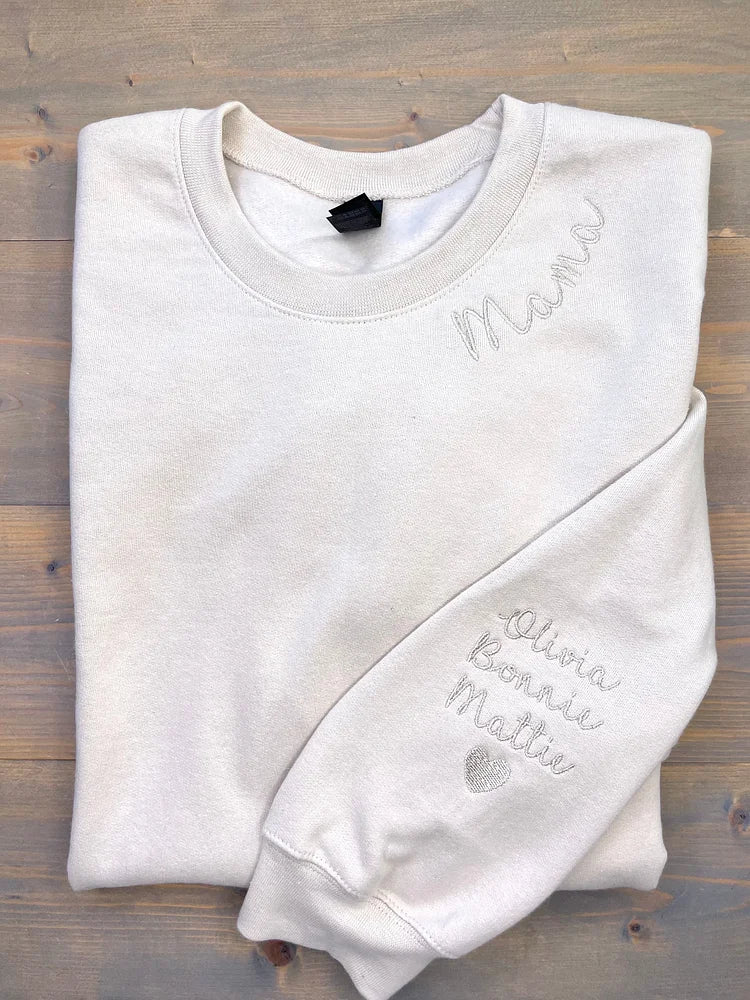 Custom Embroidered Mom Sweatshirt with name on Sleeve | Mother's Day Gift