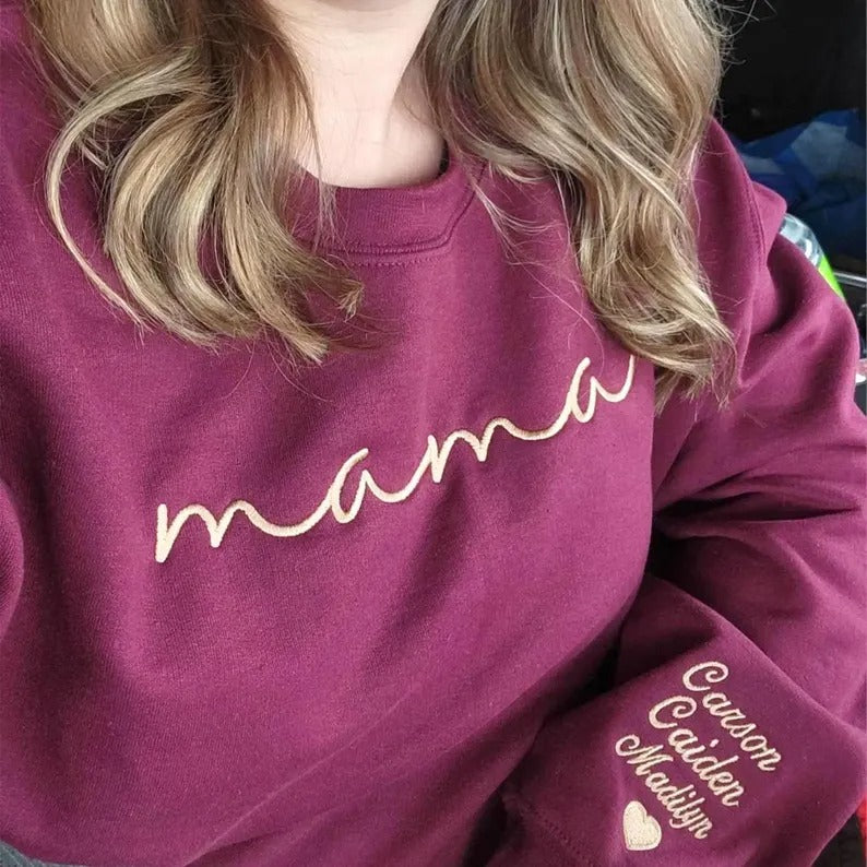 Custom mama Embroidered Sweatshirt with Kids Names on Sleeves Mother's Day Gift