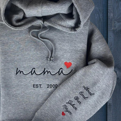 Custom Mama Hoodie with Heart – Personalized Kids Names Sleeve & Est. Year Embroidered Sweatshirt