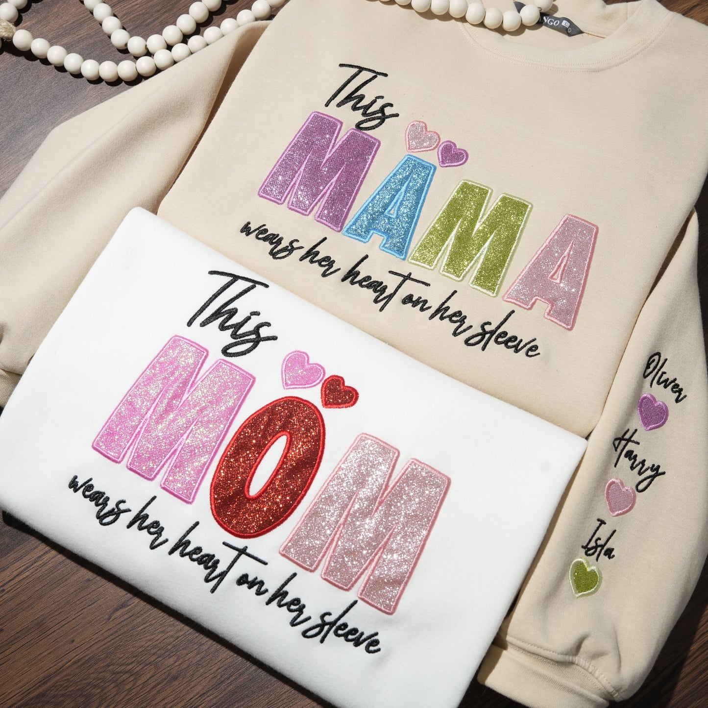 Custom Mama/Mom "Wear Heart on Her Sleeve" Sequin Sweatshirt with Kids' Names | Mother's Day Gifts