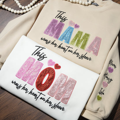 Custom Mama/Mom "Wear Heart on Her Sleeve" Sequin Sweatshirt with Kids' Names | Mother's Day Gifts