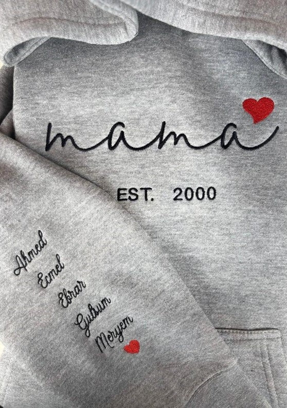 Custom Mama Hoodie with Heart – Personalized Kids Names Sleeve & Est. Year Embroidered Sweatshirt