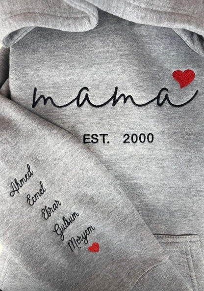 Custom Mama Hoodie with Heart – Personalized Kids Names Sleeve & Est. Year Embroidered Sweatshirt