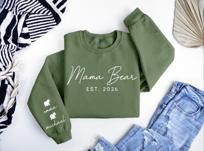 Custom Mama Bear Heat Transfer Print Sweatshirt With Kids Name On Sleeve | Mothers Day Gift