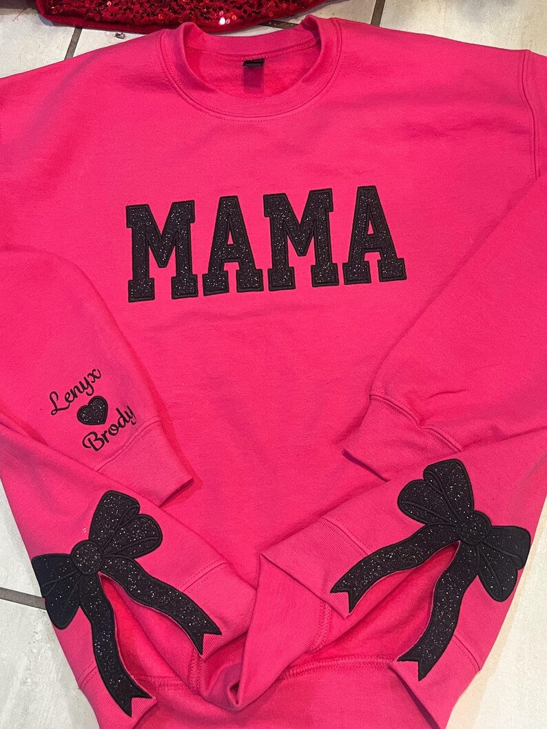 Custom Trendy and Cute Mama Embroidered Glitter Side Bow Sweatshirt | Mother's Day Gift
