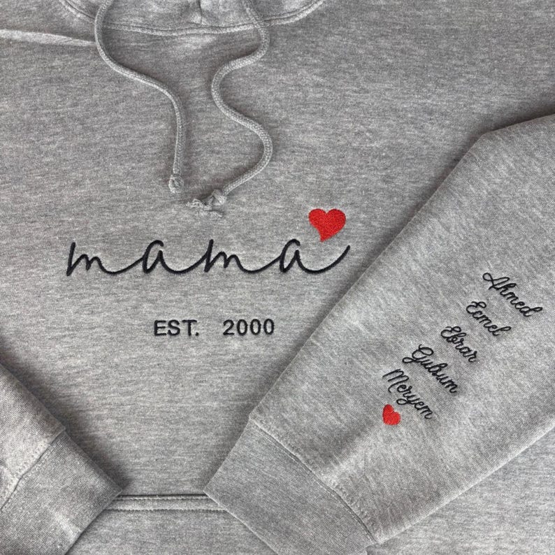 Custom Mama Hoodie with Heart – Personalized Kids Names Sleeve & Est. Year Embroidered Sweatshirt