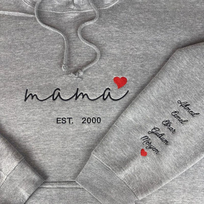 Custom Mama Hoodie with Heart – Personalized Kids Names Sleeve & Est. Year Embroidered Sweatshirt