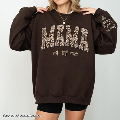 Custom Leopard Mama Heat Transfer Print Sweatshirt With Kid Name On Sleeve | Mother's Day Gift
