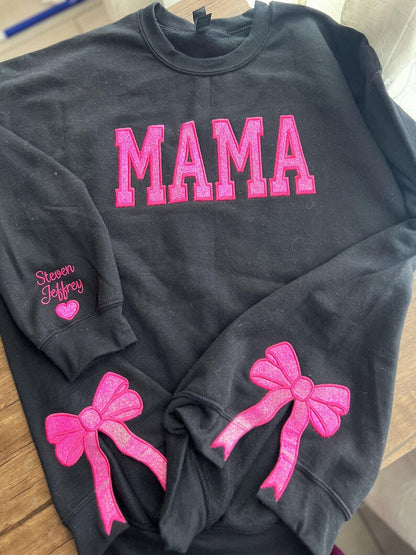 Custom Trendy and Cute Mama Embroidered Glitter Side Bow Sweatshirt | Mother's Day Gift