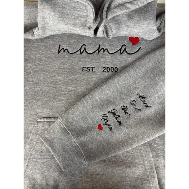 Custom Mama Hoodie with Heart – Personalized Kids Names Sleeve & Est. Year Embroidered Sweatshirt