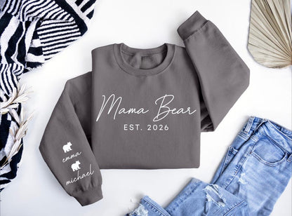 Custom Mama Bear Heat Transfer Print Sweatshirt With Kids Name On Sleeve | Mothers Day Gift