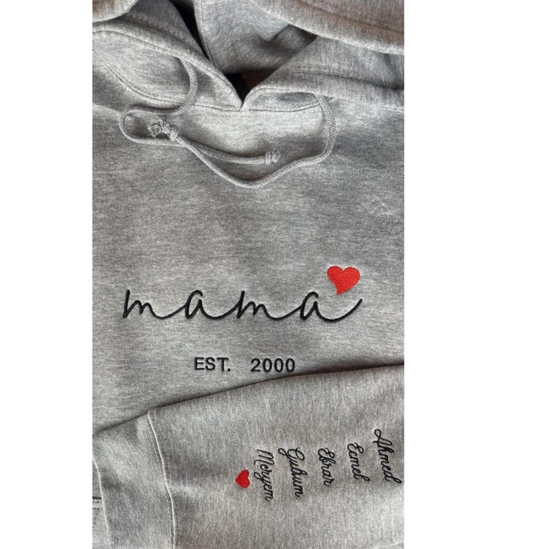 Custom Mama Hoodie with Heart – Personalized Kids Names Sleeve & Est. Year Embroidered Sweatshirt