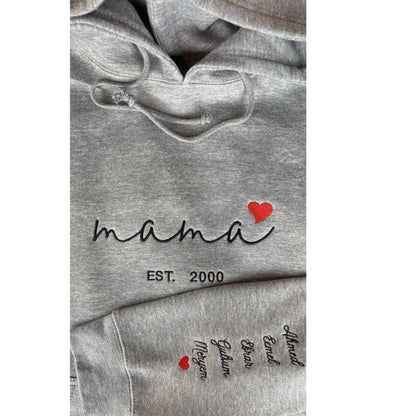 Custom Mama Hoodie with Heart – Personalized Kids Names Sleeve & Est. Year Embroidered Sweatshirt