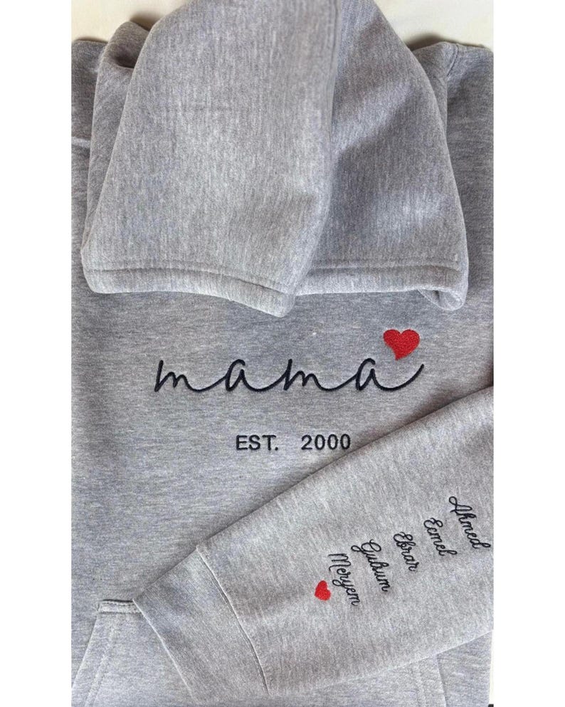 Custom Mama Hoodie with Heart – Personalized Kids Names Sleeve & Est. Year Embroidered Sweatshirt