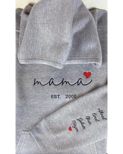 Custom Mama Hoodie with Heart – Personalized Kids Names Sleeve & Est. Year Embroidered Sweatshirt