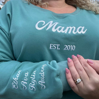 Custom Mama Embroidered Sweatshirt – Personalized Kids Names Sleeve & Est. Year Crewneck