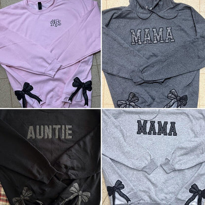 Custom Trendy and Cute Mama Embroidered Glitter Side Bow Sweatshirt | Mother's Day Gift