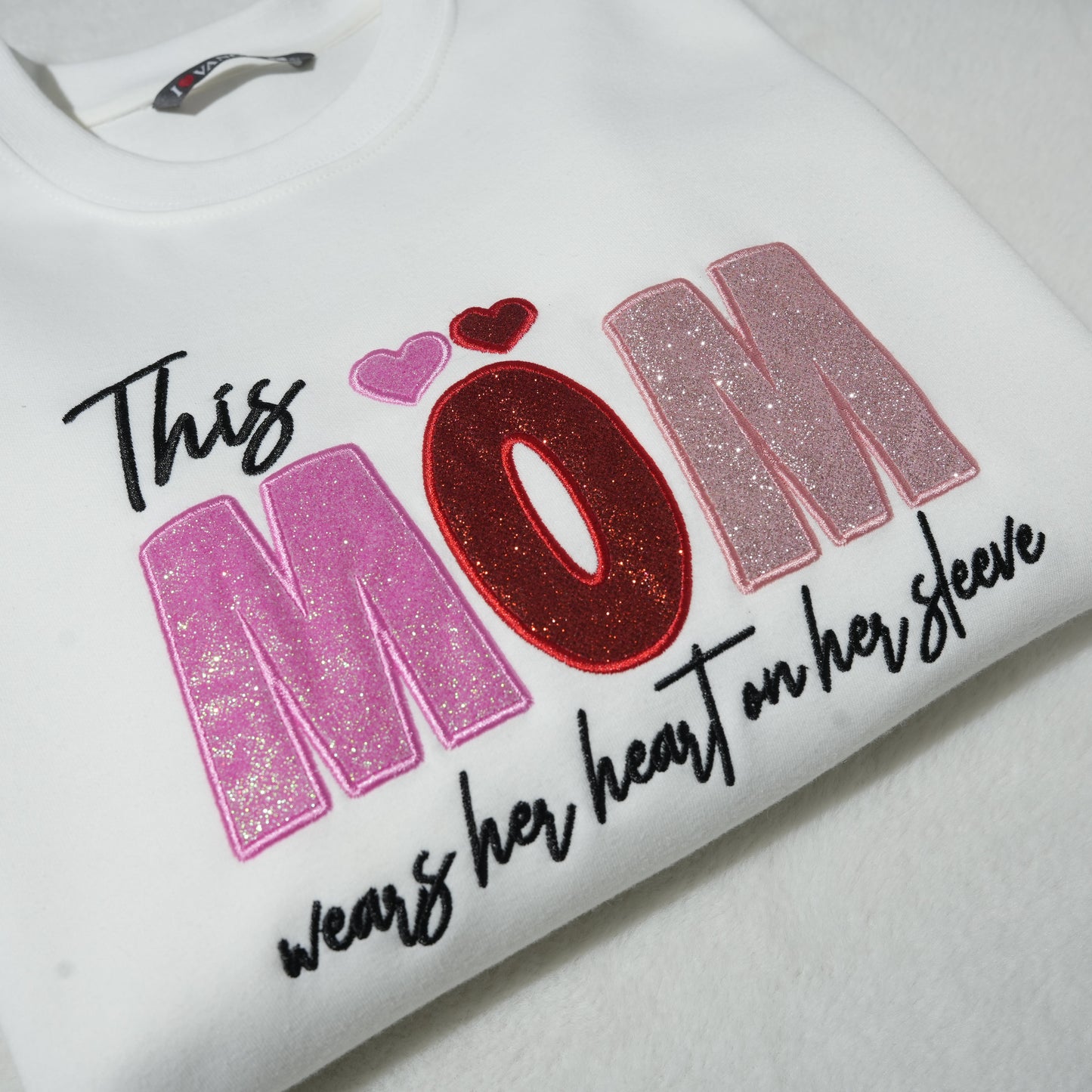 Custom Mama/Mom "Wear Heart on Her Sleeve" Sequin Sweatshirt with Kids' Names | Mother's Day Gifts