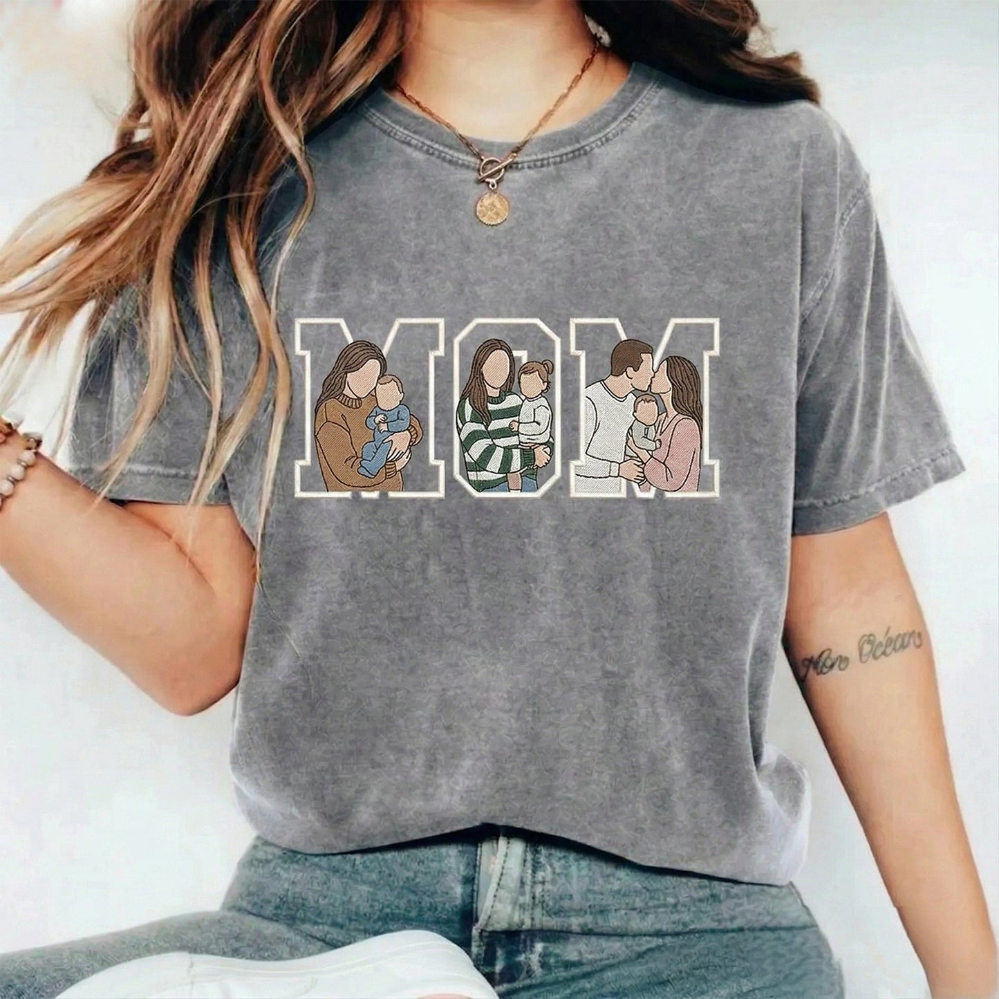 Custom Photo Portrait Embroidery Washed Sweatshirt, Gift For Mum/Family