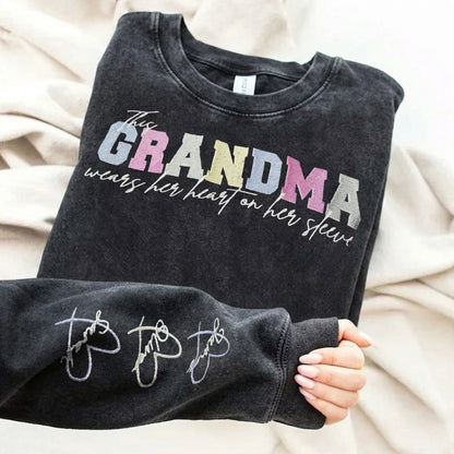 Custom Embroidered Heart on Sleeve Personalized Mommy/Grandma Washed Sweatshirt | Mother's Day Gift for Mom & Grandma