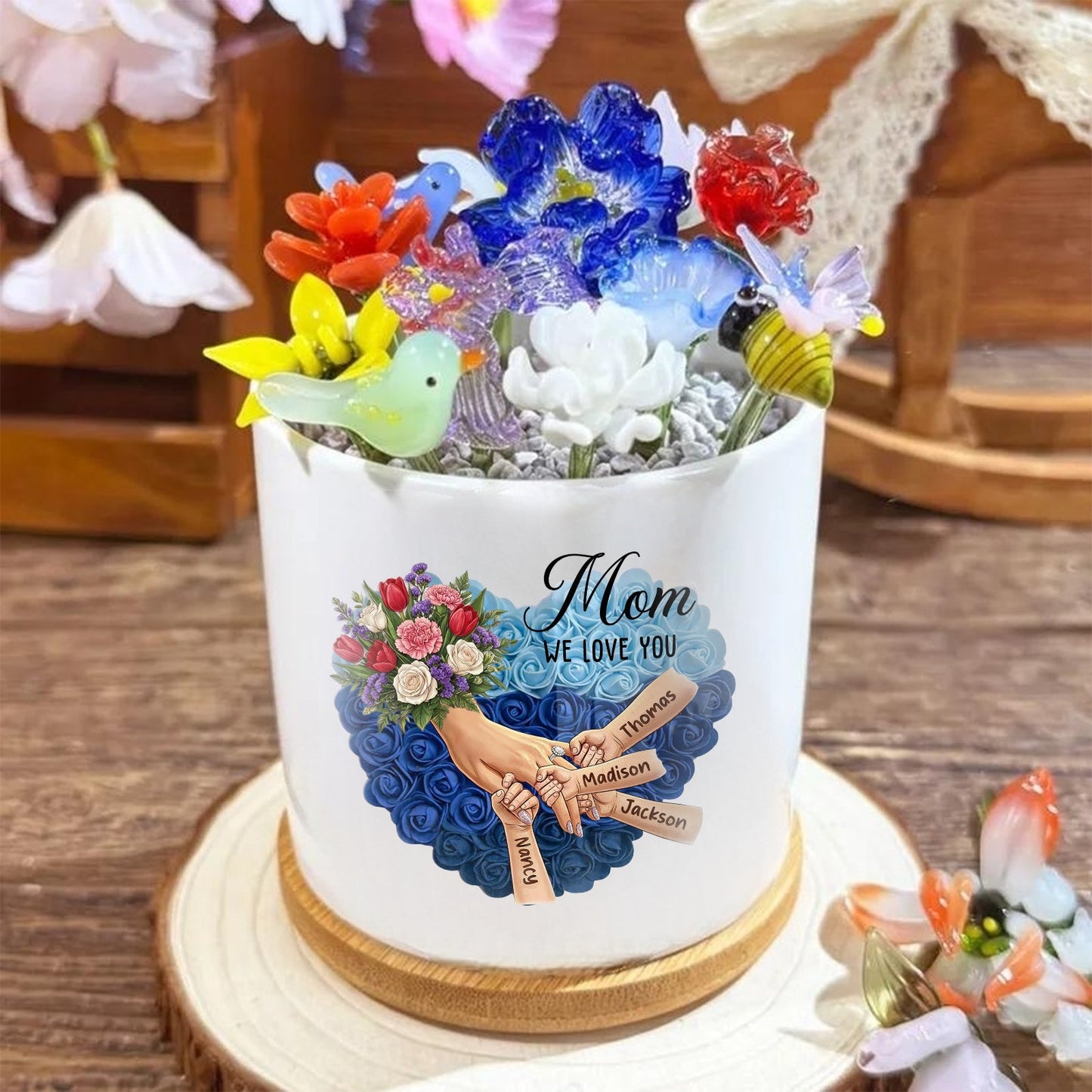 Personalized Large Tulips, White Roses, and Carnations Plant Pot-Personalized Mom Holding Hands|Best Mother's Day Gift– Timeless Gift for Every Home