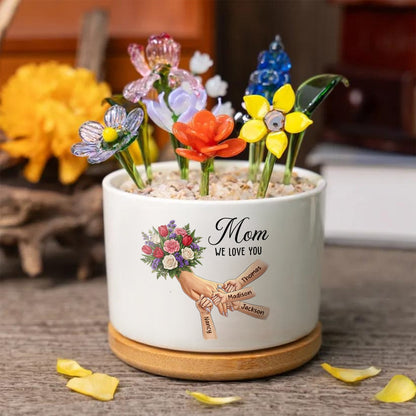 Personalized Tulips, White Roses, and Carnations Plant Pot-Personalized Mom Holding Hands|Best Mother's Day Gift– Timeless Gift for Every Home