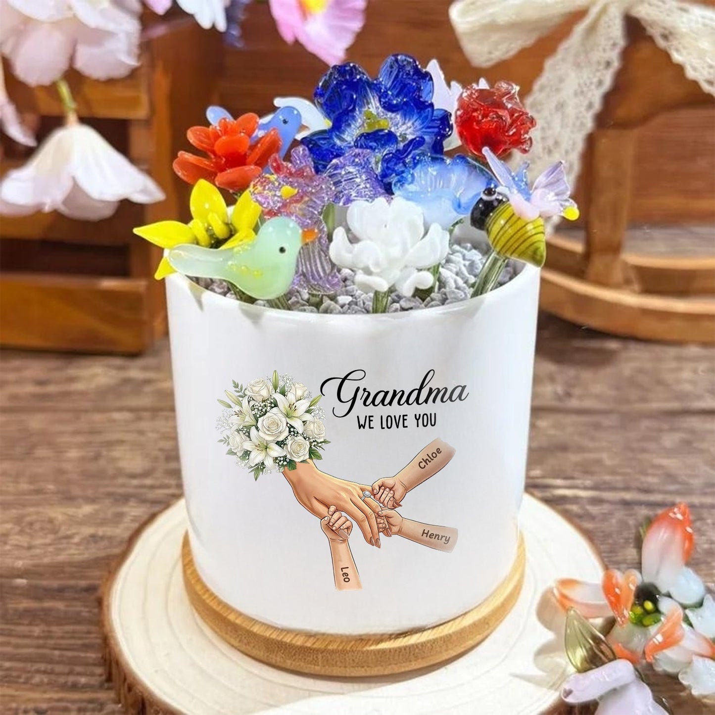 Personalized White Lily & White Rose Plant Pot-Personalized Mom Holding Hands|Best Mother's Day Gift– Timeless Gift for Every Home