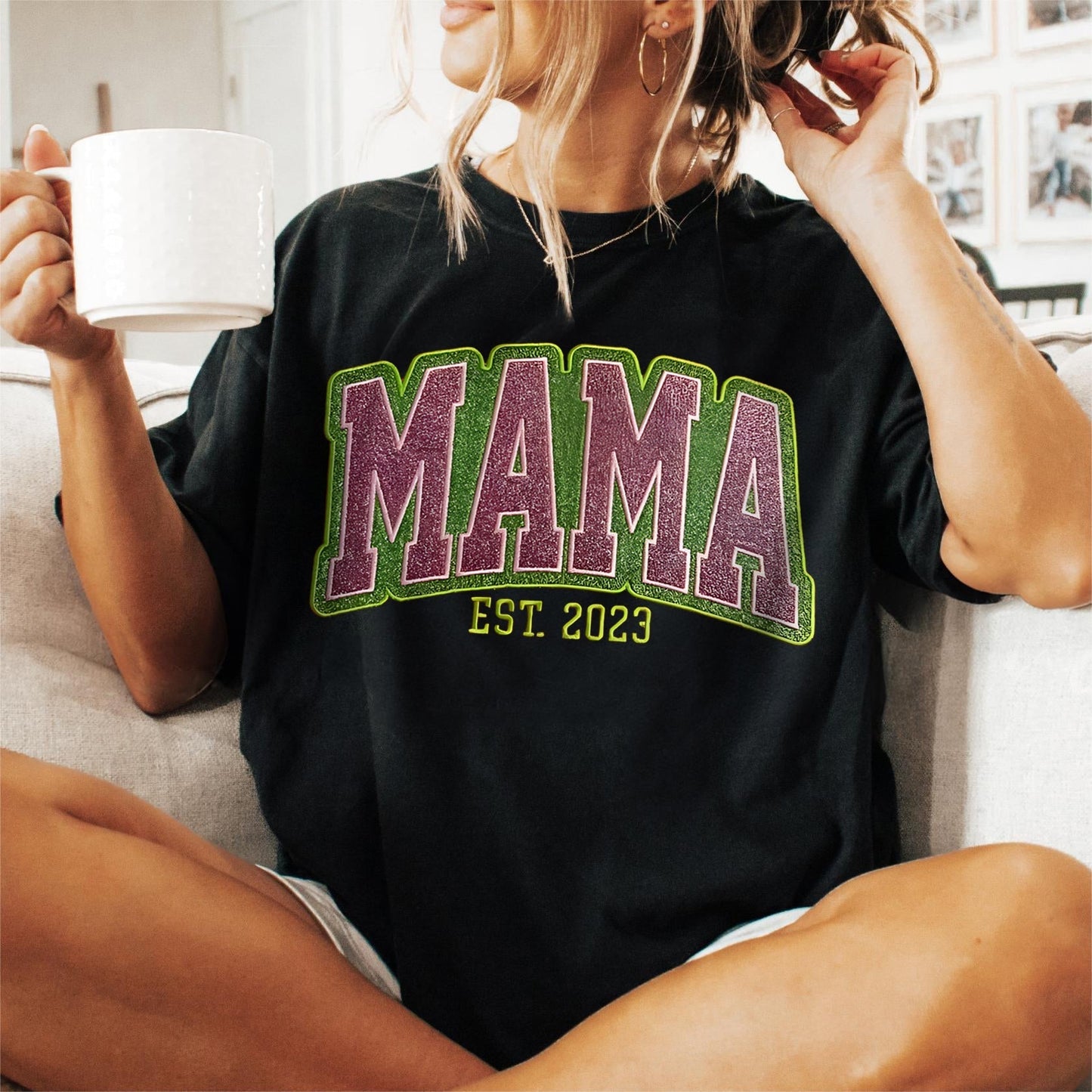 Custom Personalized Two Color Glitter Embroidered Mom T-Shirt | With Kids Names On Sleeve | Gift for Mom & Grandma