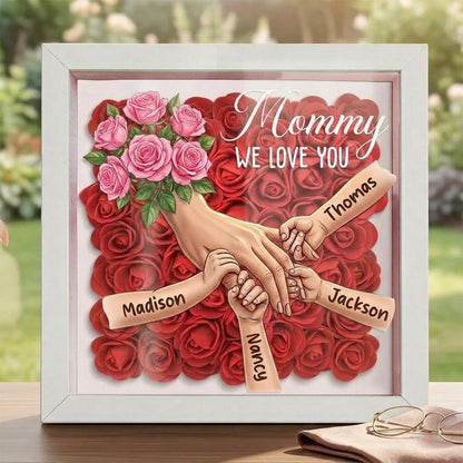 "Pink Roses"-Personalized Mom Holding Hands  Shadow Box-Mother's Day Remembrance Frame, In Loving Memory Gift