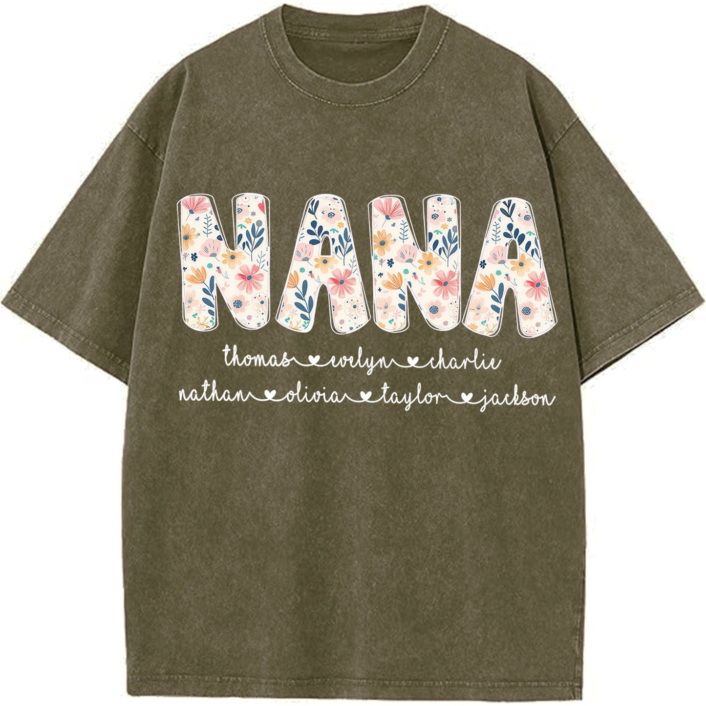 Personalized Nana Vintage Washed Sweatshirt with Grandkids' Names - Floral Grandma Gift