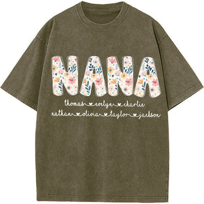 Personalized Nana Vintage Washed Sweatshirt with Grandkids' Names - Floral Grandma Gift