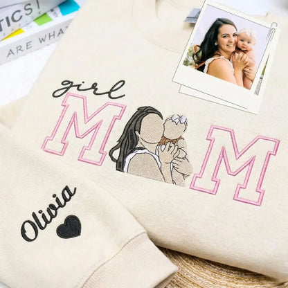 Custom Girl Mom with Embroidered Portrait from Photo and Kids Name Sweatshirt | Mother's Day Gift