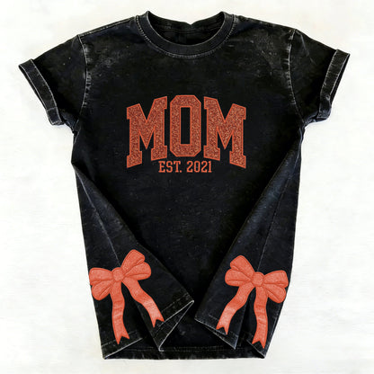 Custom Trendy and Cute Mama Embroidered Glitter Side Bow Washed Sweatshirt | Mother's Day Gift