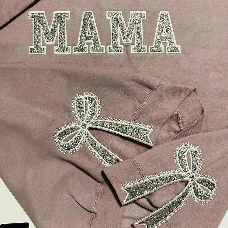 Custom Glitter Embroidered Lace Side Bow Mama Sweatshirt | Mother's Day Gifts