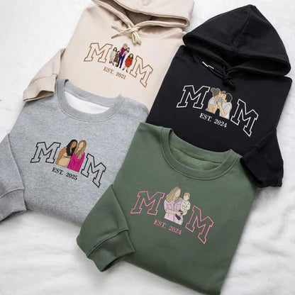 Custom Embroidered Photo Mom and Kids Family Portrait Sweatshirt |  Mother's Day Gifts