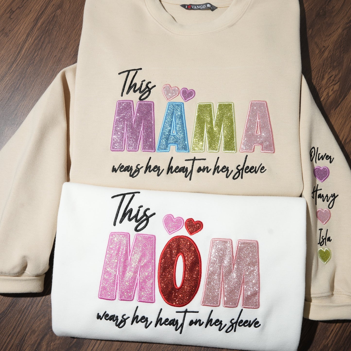Custom Mama/Mom "Wear Heart on Her Sleeve" Sequin Sweatshirt with Kids' Names | Mother's Day Gifts
