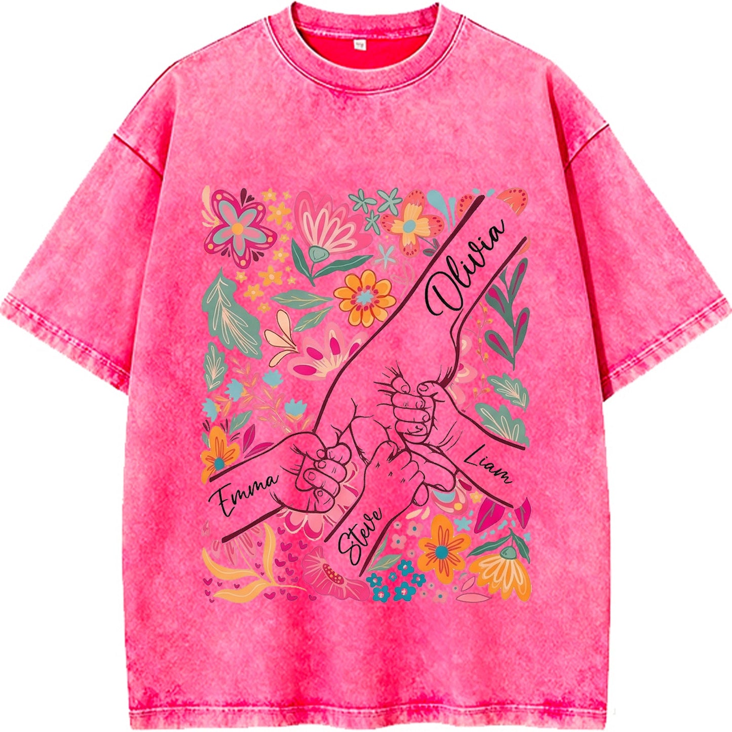 Custom Mom Kids Washed T-shirt – Pinky Promise Floral Design | Personalized Family Love Tee for Mom