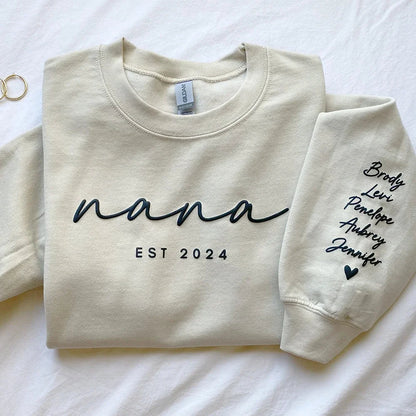Custom Puff Print Sweatshirt Est Year with Kids Names on Sleeve | for Mama and Grandma Gift