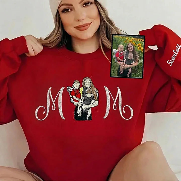 Custom Embroidered Mom Sweatshirt with Mom Kids Portrait | Mother's Day Gifts for Mom