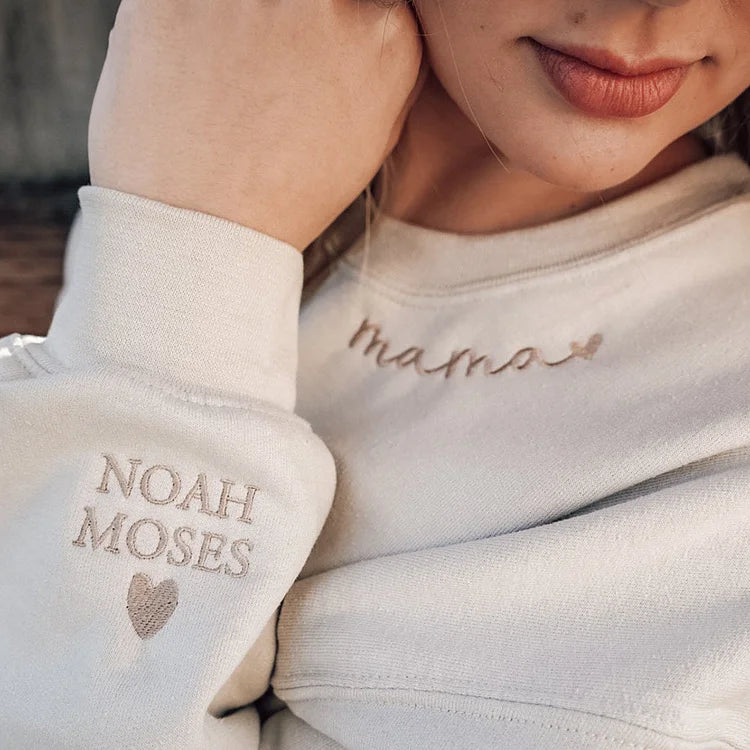 Custom Embroidered Mom Sweatshirt with name on Sleeve | Mother's Day Gift