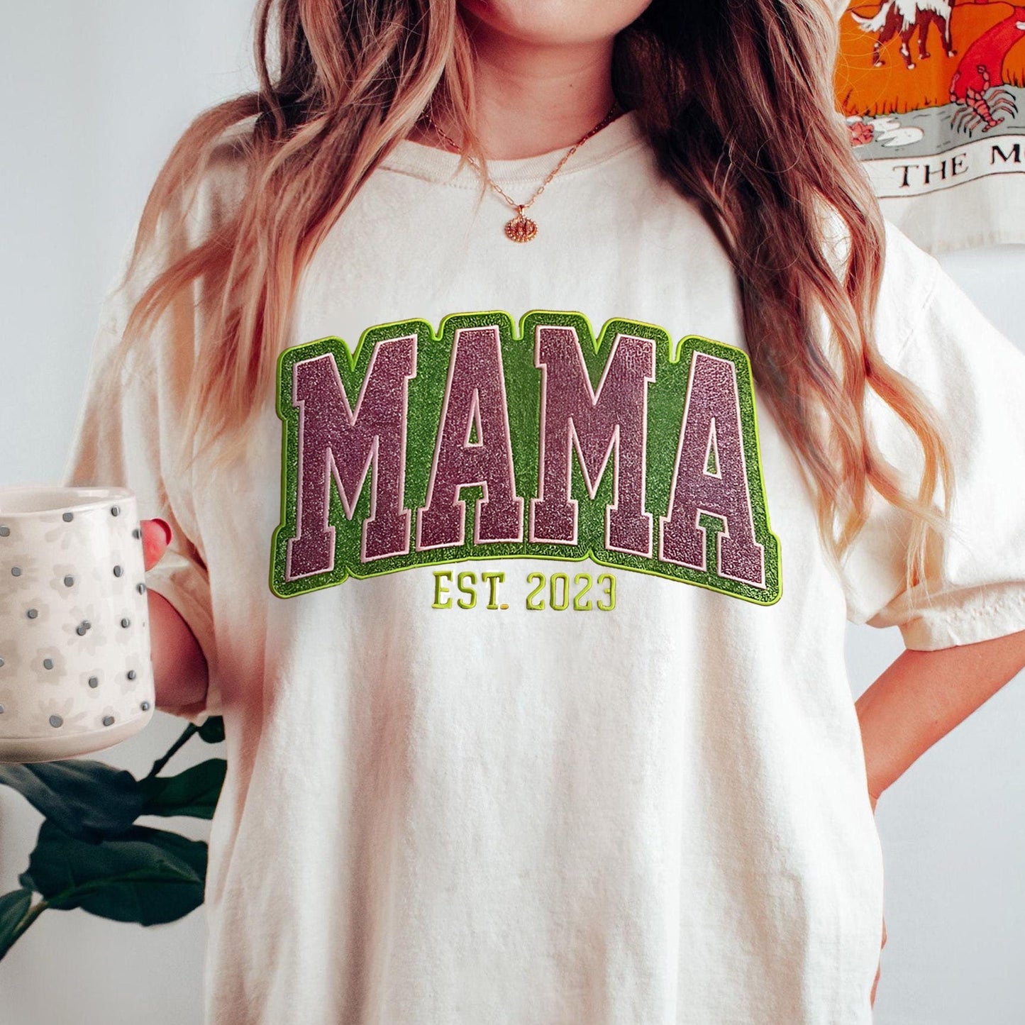 Custom Personalized Two Color Glitter Embroidered Mom T-Shirt | With Kids Names On Sleeve | Gift for Mom & Grandma