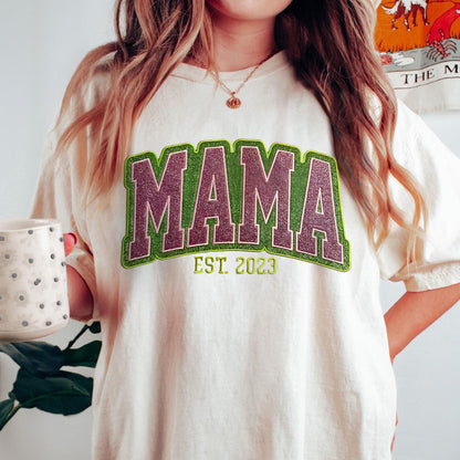 Custom Personalized Two Color Glitter Embroidered Mom T-Shirt | With Kids Names On Sleeve | Gift for Mom & Grandma