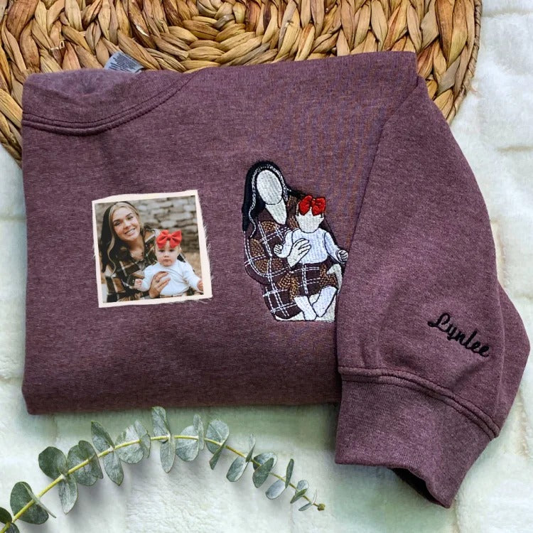 Custom Embroidered Photo Portrait T-shirt Hoodie For Mom - Unique Mother's Day Gift