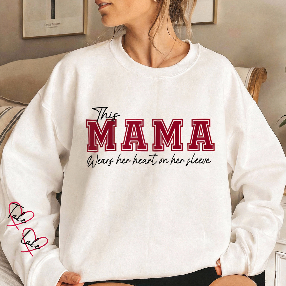 This Mama Wears Her Heart on Her Sleeve – Personalized Print Mama Sweatshirt with Kids’ Names | for Mom Mother's Day Gift