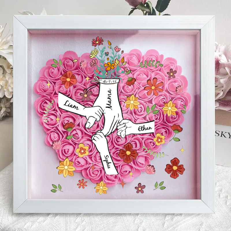 Personalized Flower Shadow Box, hand holding with many flowers- Mother's Day Gift
