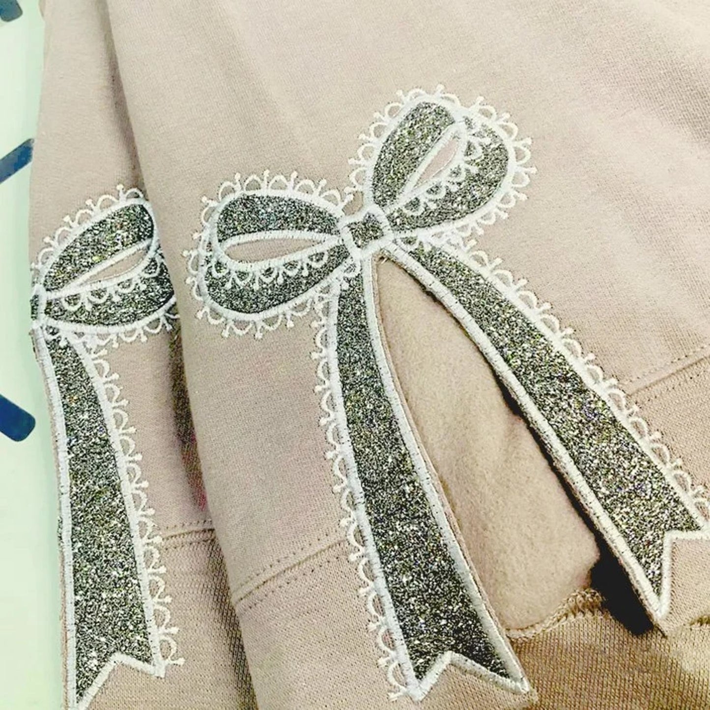 Custom Glitter Embroidered Lace Side Bow Mama Sweatshirt | Mother's Day Gifts
