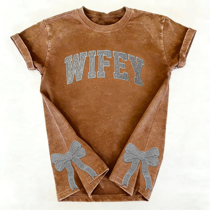 Custom Trendy and Cute Mama Embroidered Glitter Side Bow Washed Sweatshirt | Mother's Day Gift