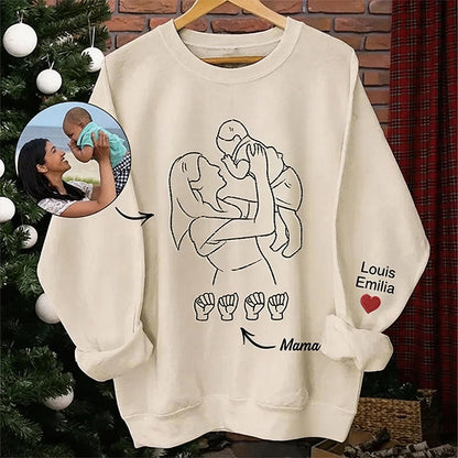 Custom Photo Outline Embroidered Sweatshirt with Sign Language | Mother's Day Gift