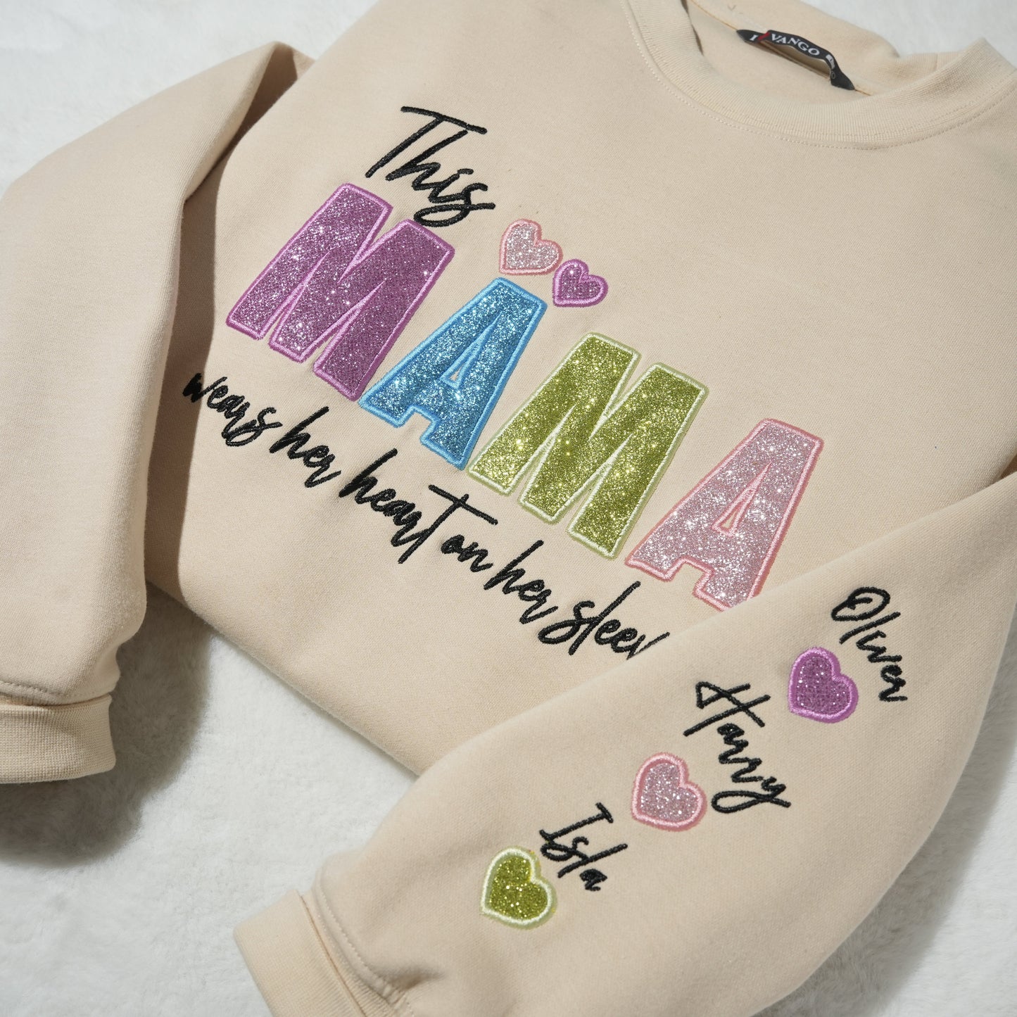 Custom Mama/Mom "Wear Heart on Her Sleeve" Sequin Sweatshirt with Kids' Names | Mother's Day Gifts